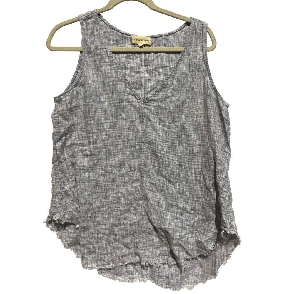 Cloth & Stone Abercrombie Blue Linen Blend Frayed Hem V-Neck Top Sz L capsule